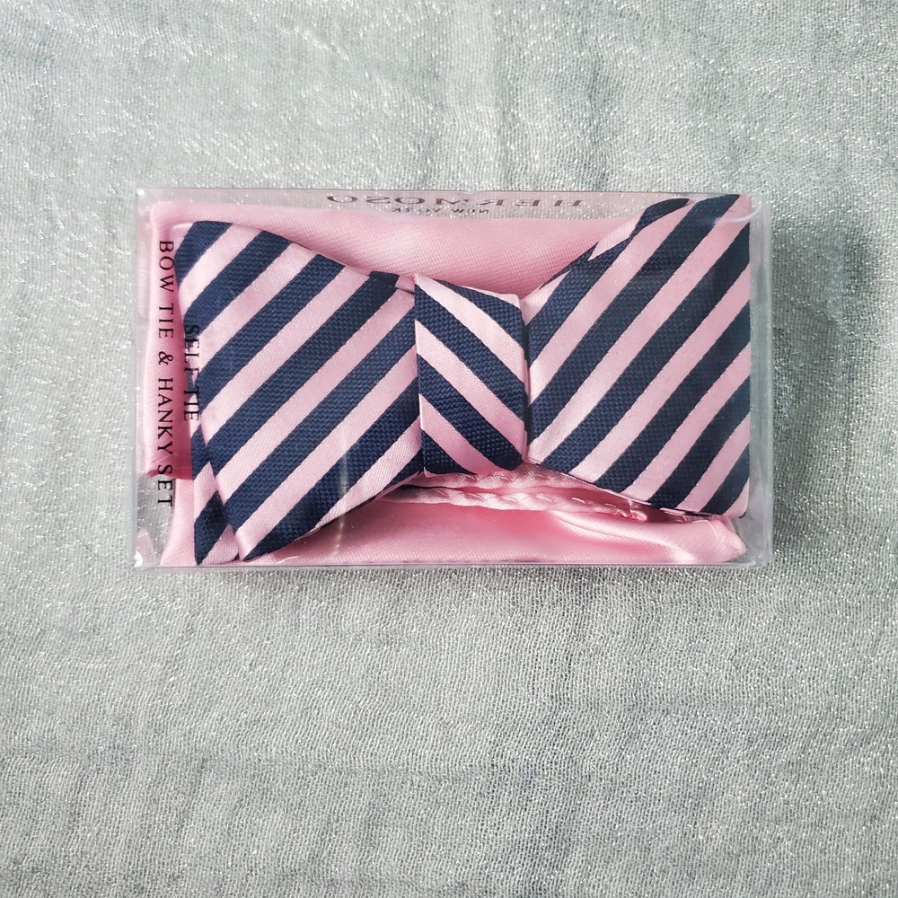 HERMOSO NEW YORK Pink Navy Stripe Bow‎ Tie Pocket Square Set Self Tie
